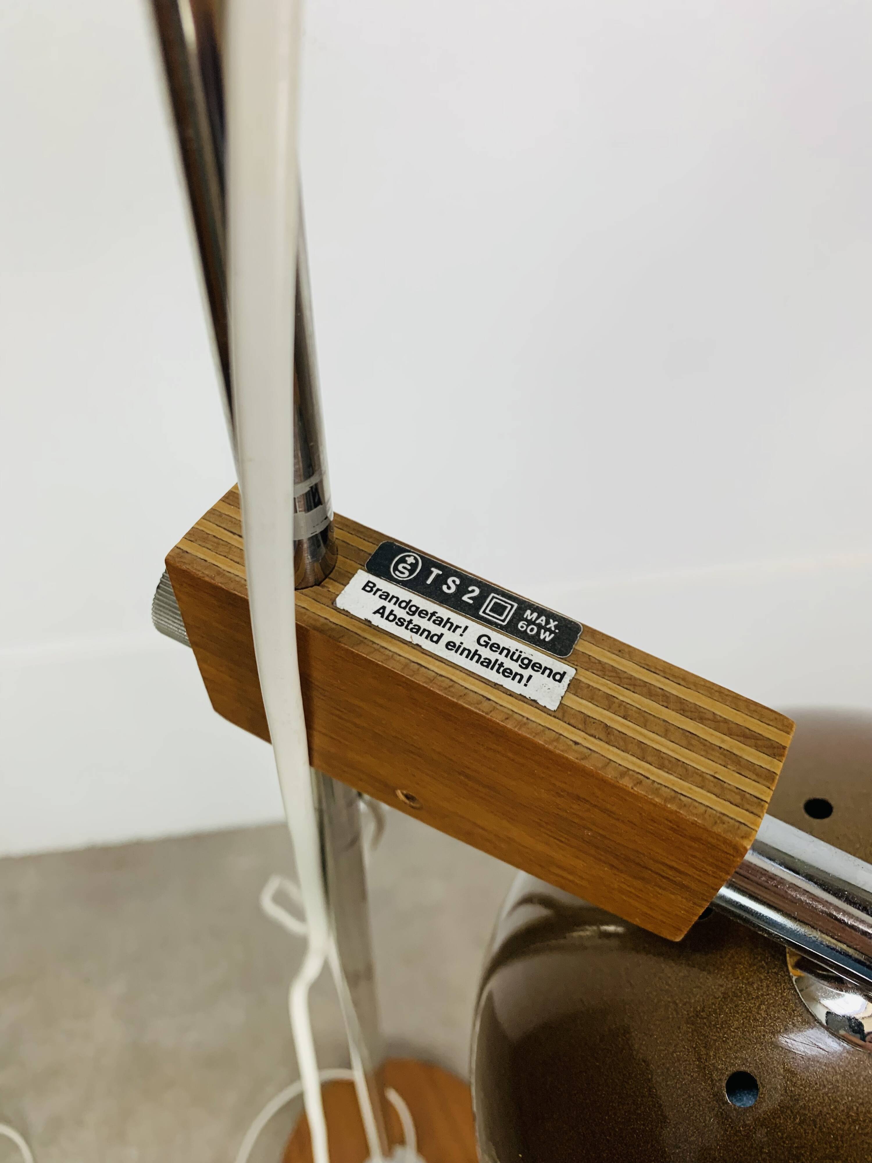Eyeball floor lamp by Temde Leuchten, copper metal, teak and chrome, 70s.
