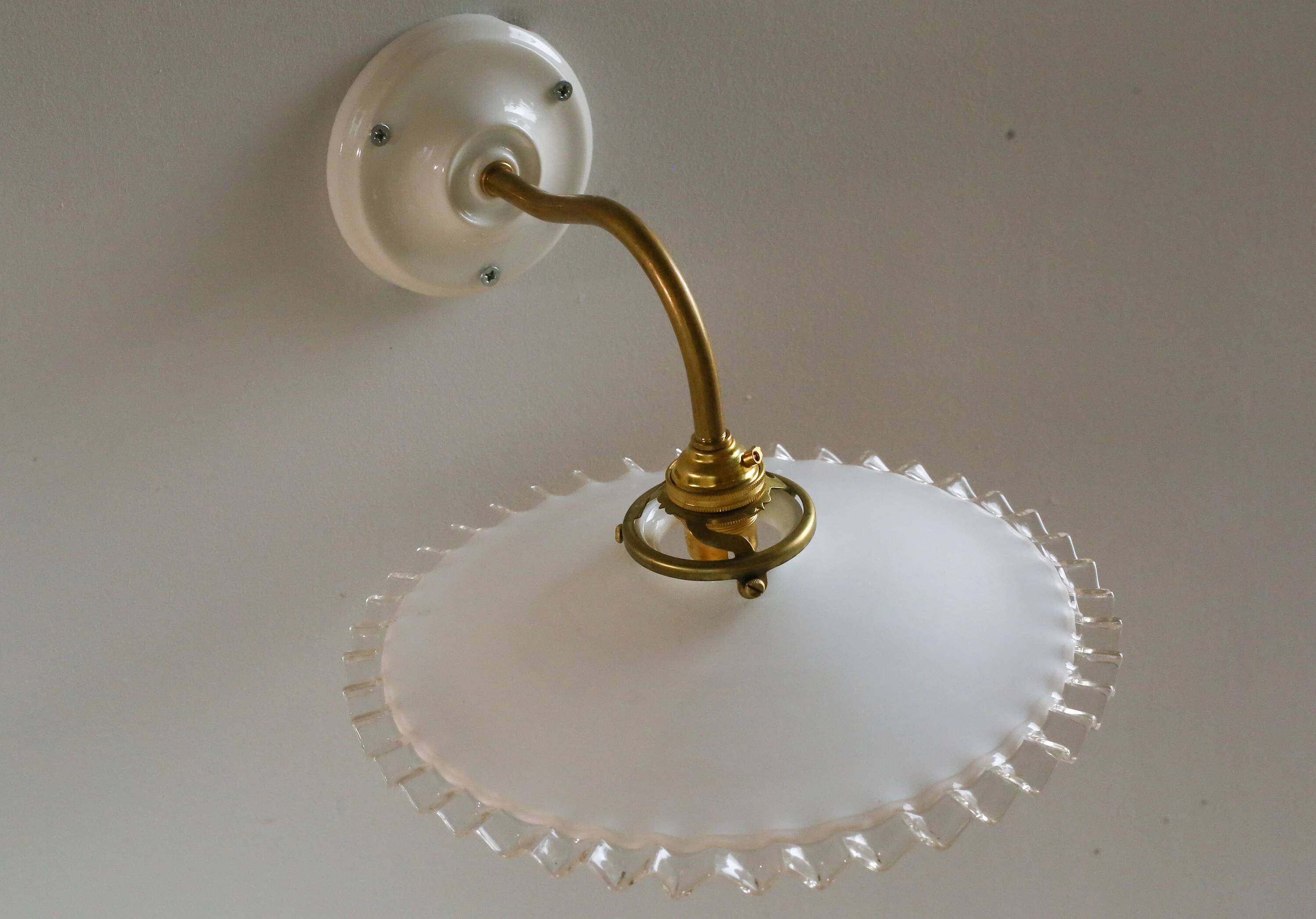 Wall light in white opaline glass, with ceramic and brass support