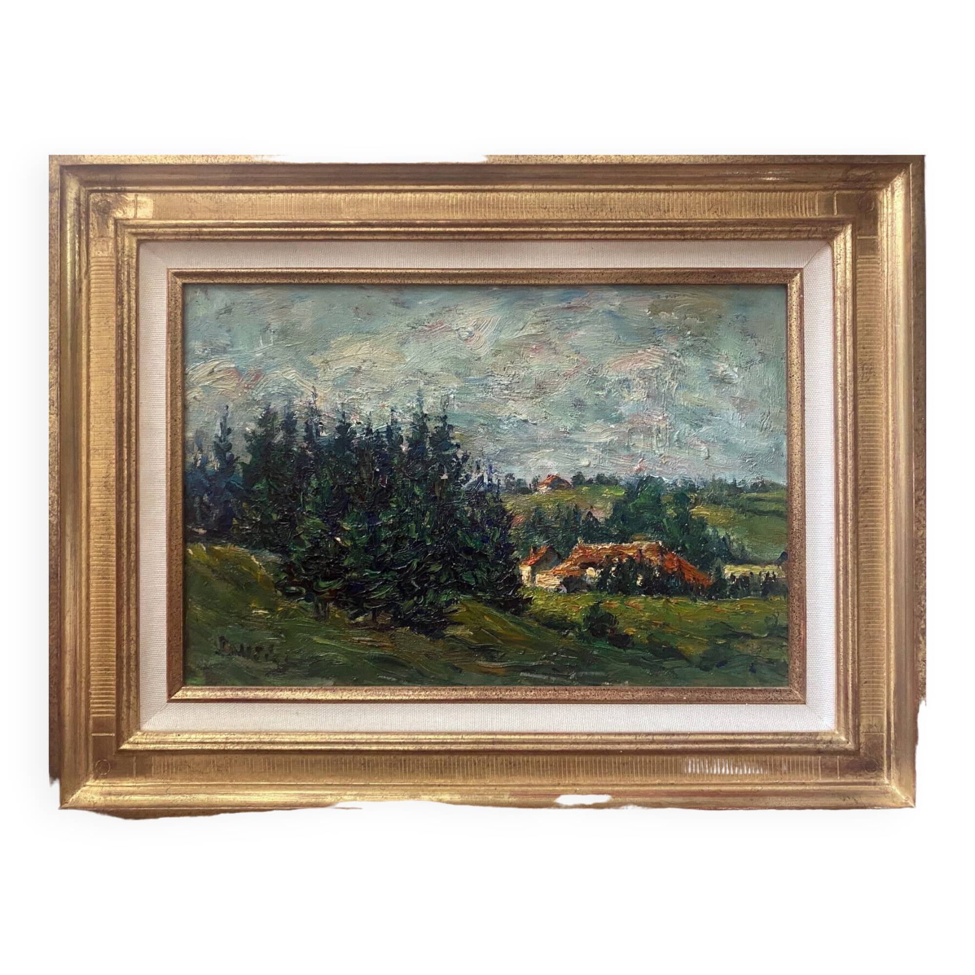 HST painting "Hilly landscape of the Jura" by Julien DURIEZ (1900-1993) 1954 + frame