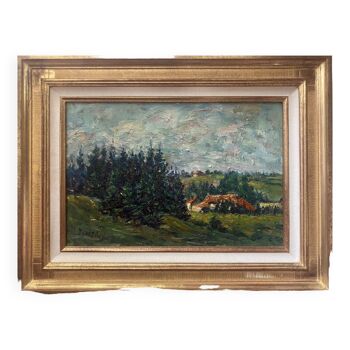 Tableau HST "Paysage valonné du Jura" par Julien DURIEZ (1900-1993) 1954 + cadre