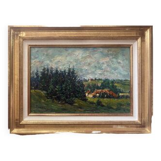 HST painting "Hilly landscape of the Jura" by Julien DURIEZ (1900-1993) 1954 + frame