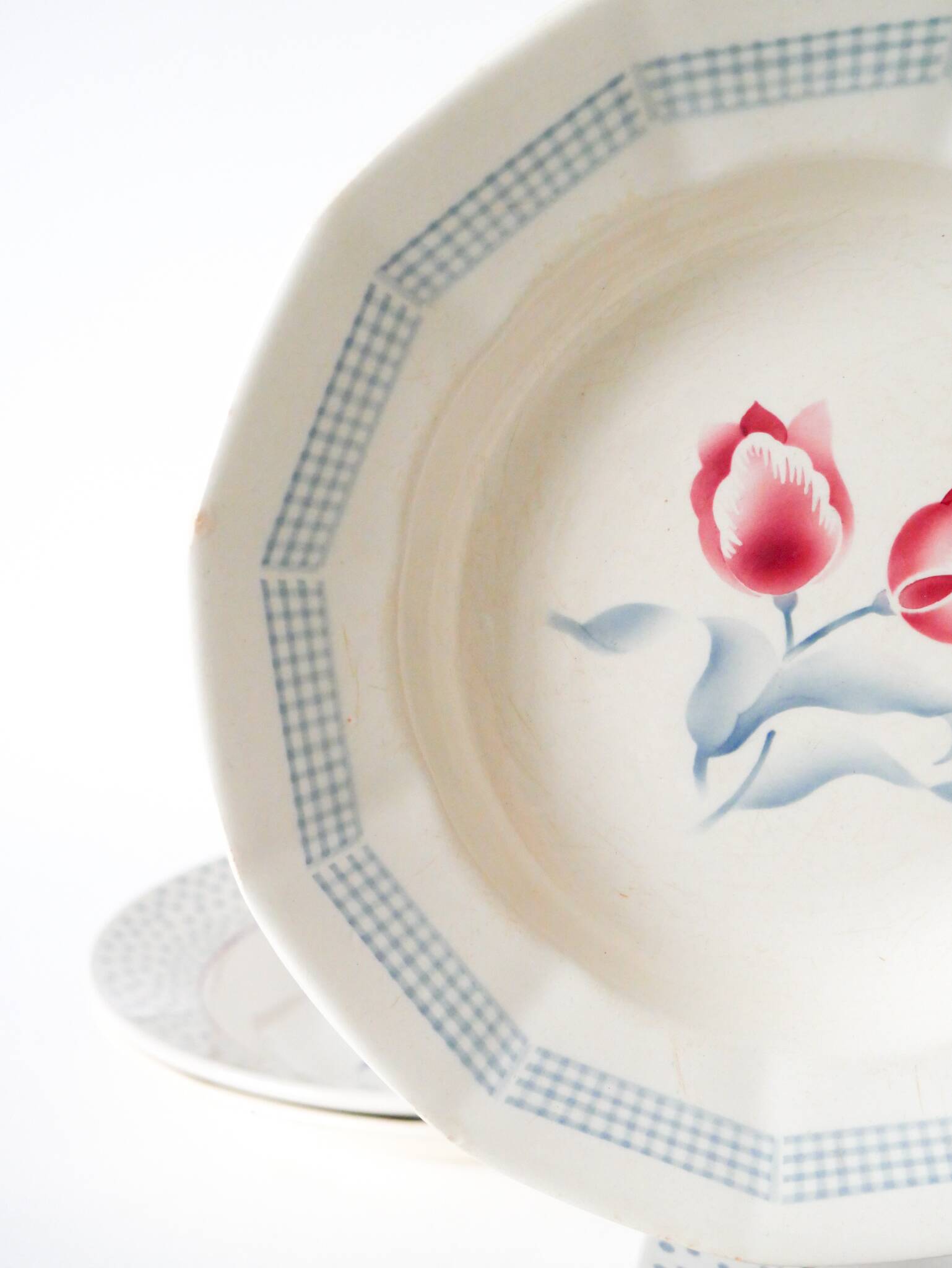 Set of 4 mismatched Digoin Sarreguemines floral soup plates