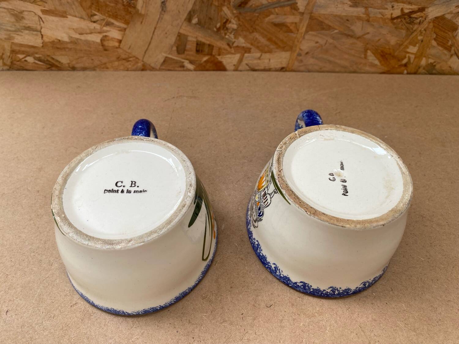 Pair antique quimper cb ceramic beige blue france cup #b287