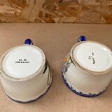 Pair antique quimper cb ceramic beige blue france cup #b287