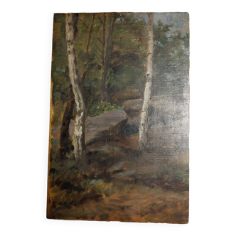 Peinture huile sur panneau militaire forêt signé Pierre Petit Gérard daté 1920
