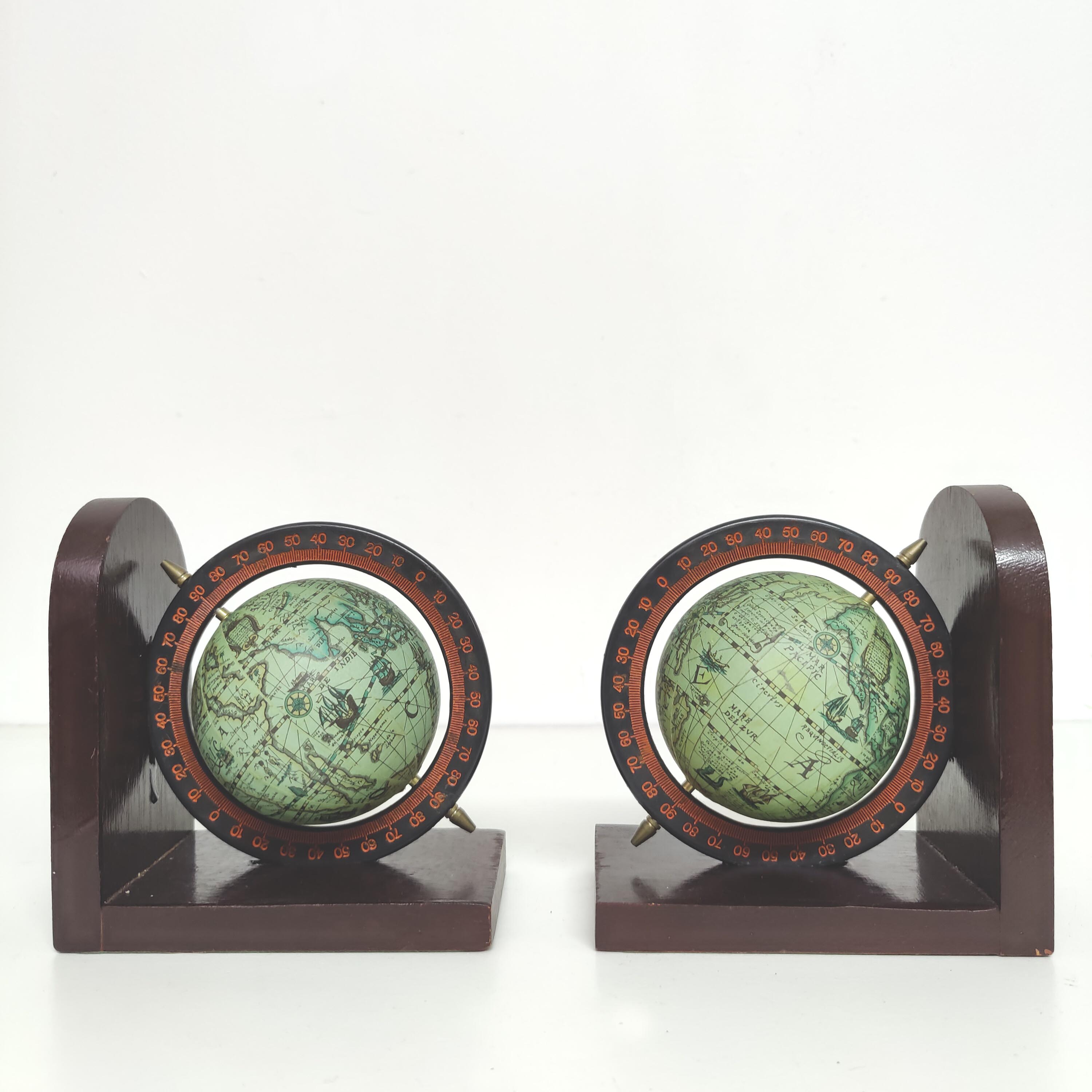 Pair of bookends vintage globe world map wood paper