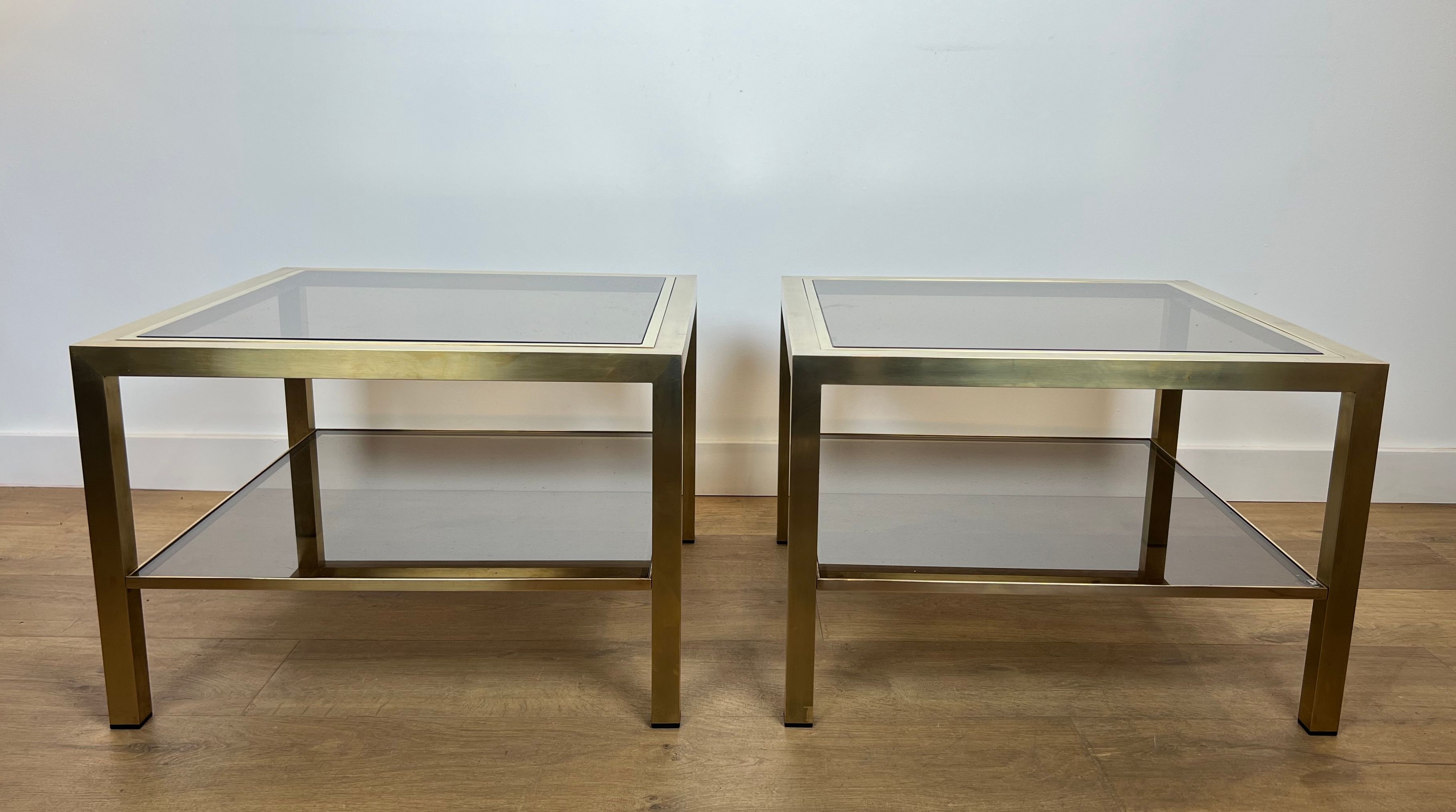 Pair of large square brass side tables