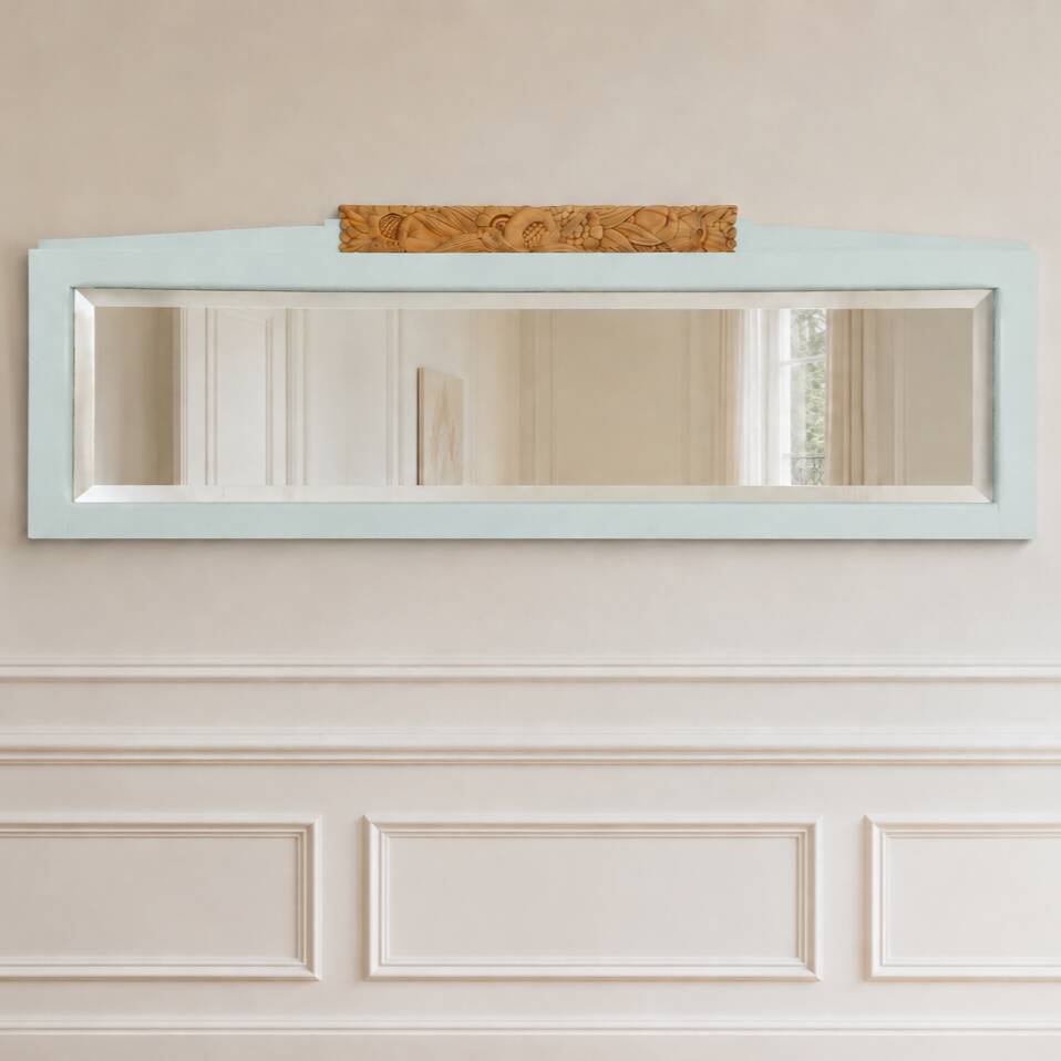 Miroir Art déco daté 1928 en bois massif – glace biseautée – 128 cm