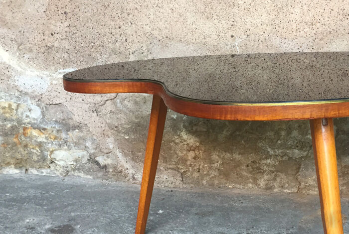 Coffee table bean shiny black glass top wood feet