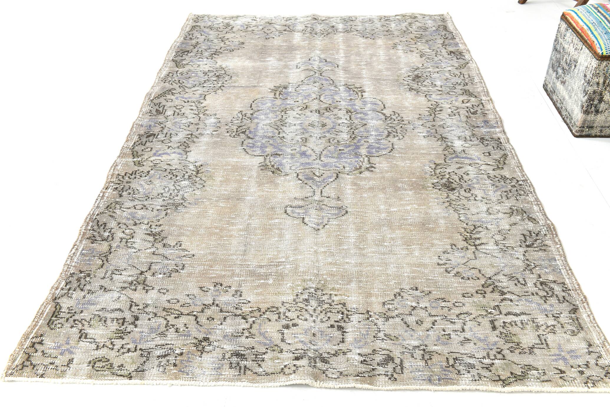 5x9 Rug For Living Room Gray Blue Handmade Wool Antique Turkish Rug, 156x264Cm