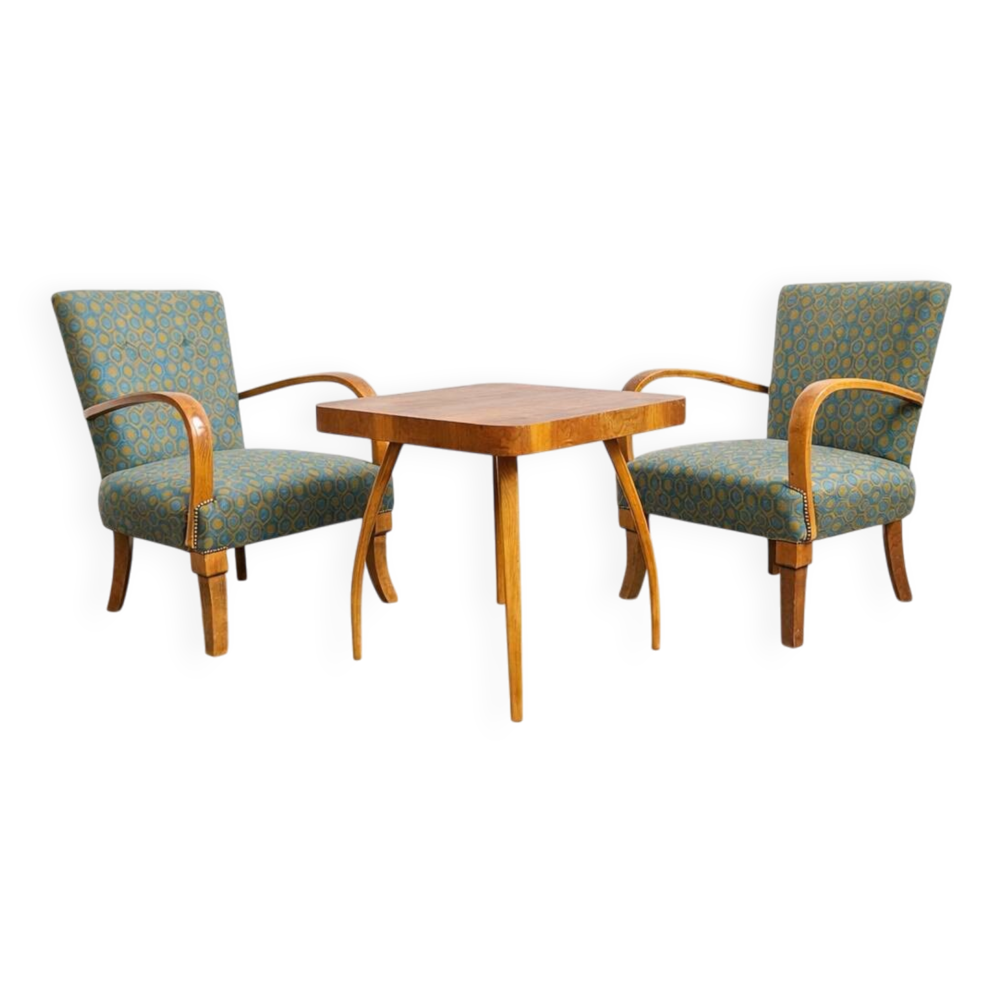 Halabala “Spider” coffee table and Hungarian late Art Deco armchairs, 1950s