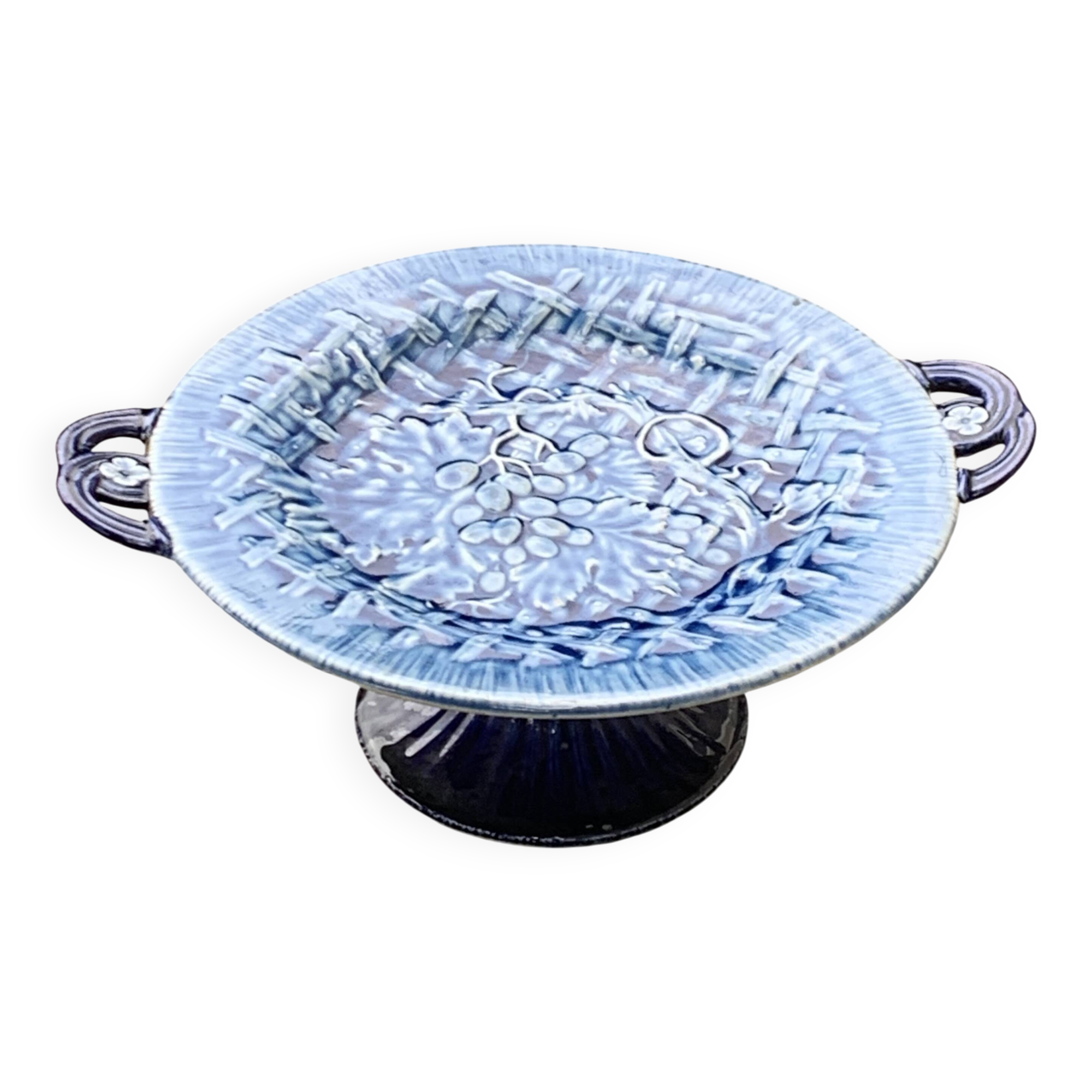 Fruit bowl, blue earthenware compote dish, slip, grape model, HBC