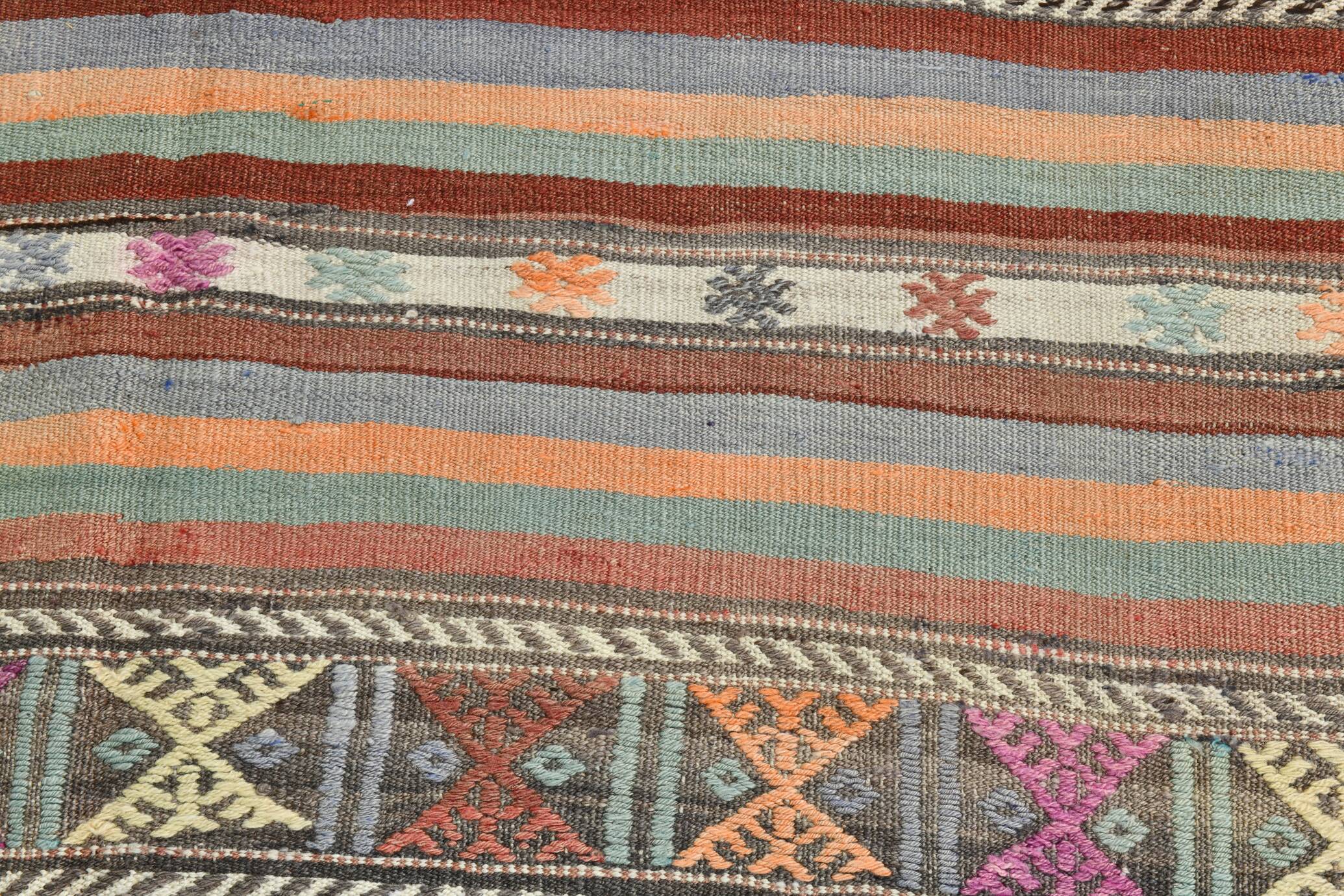 6x8 Ethnic Striped Green & Orange Kilim Rug, 176x230Cm