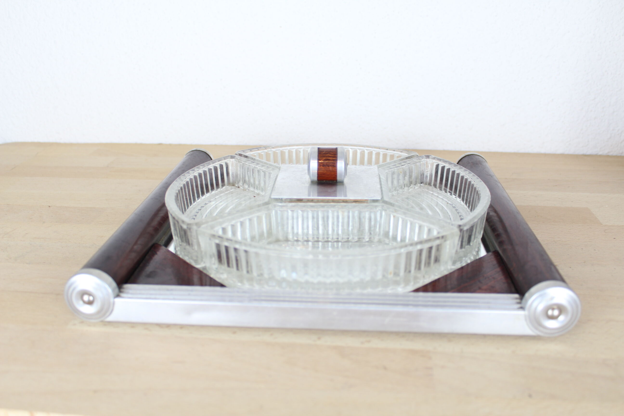 Mirror tray serving aperitif, wood and glass, art deco style