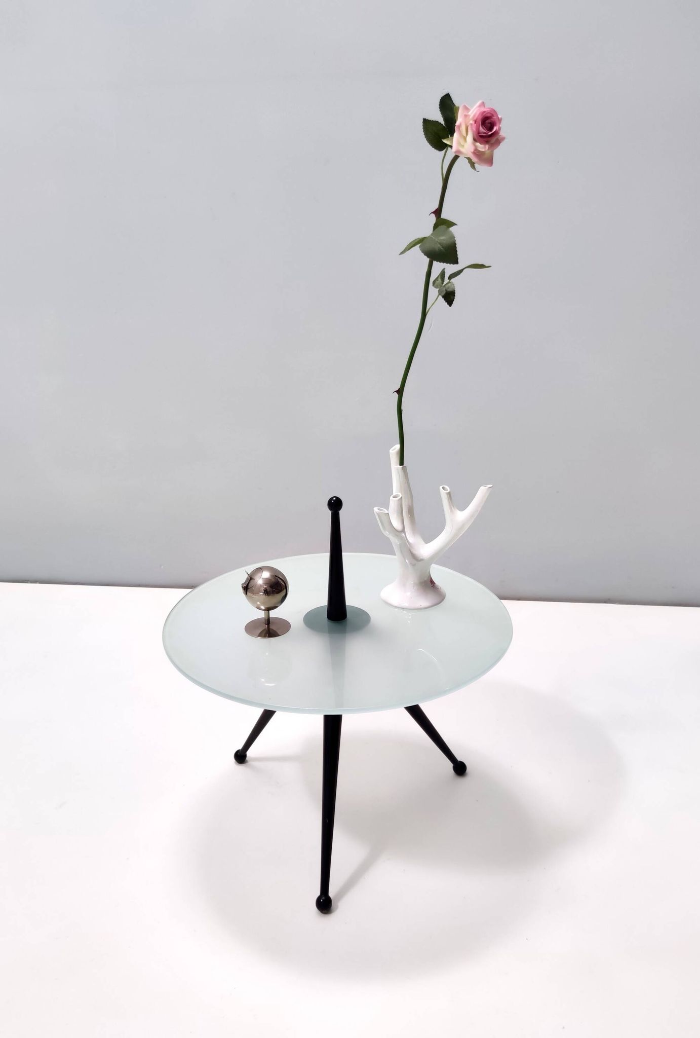 Tripod Beech and Glass Side Table in the Style of Cesare Lacca, Italy, 1980