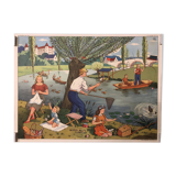 Displays school vintage harvest and the river in summer