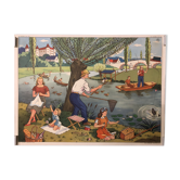 Displays school vintage harvest and the river in summer