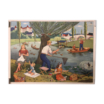 Displays school vintage harvest and the river in summer