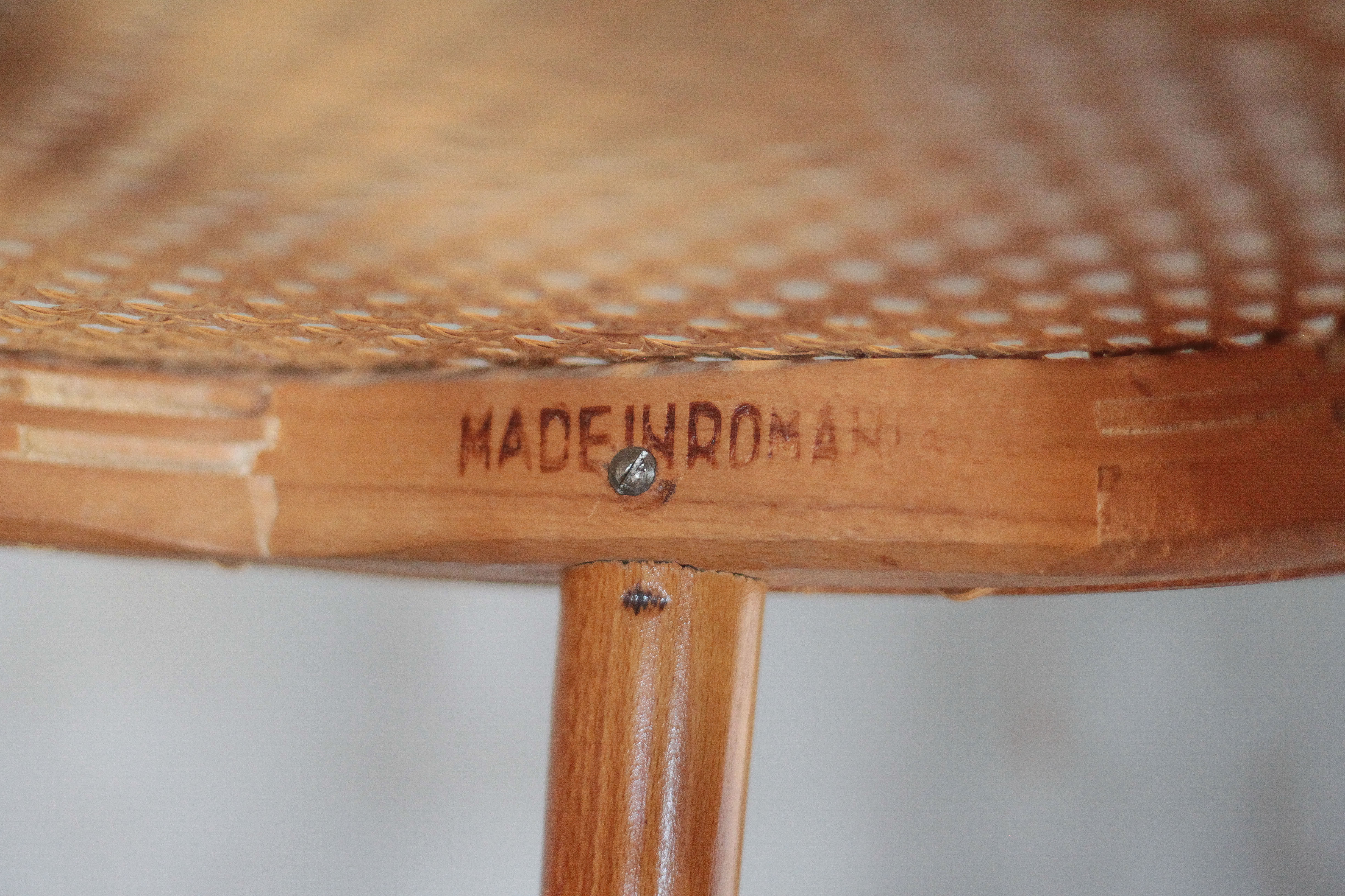 Vintage wooden and cane stool, stool made in Romania, wooden stool