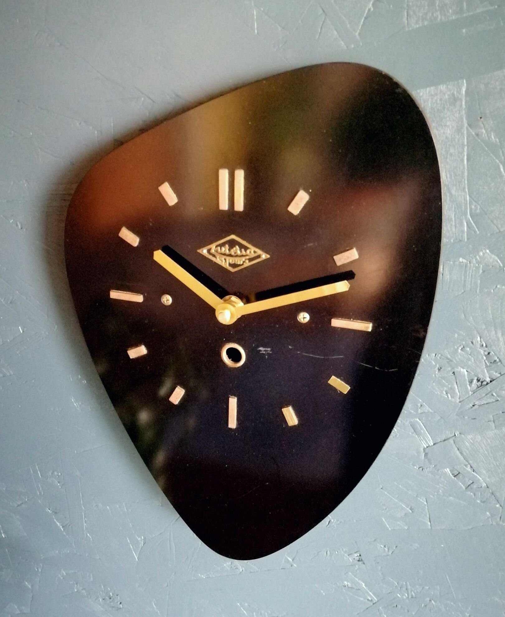 Vintage formica clock asymmetrical silent wall clock "Black Lutecia"