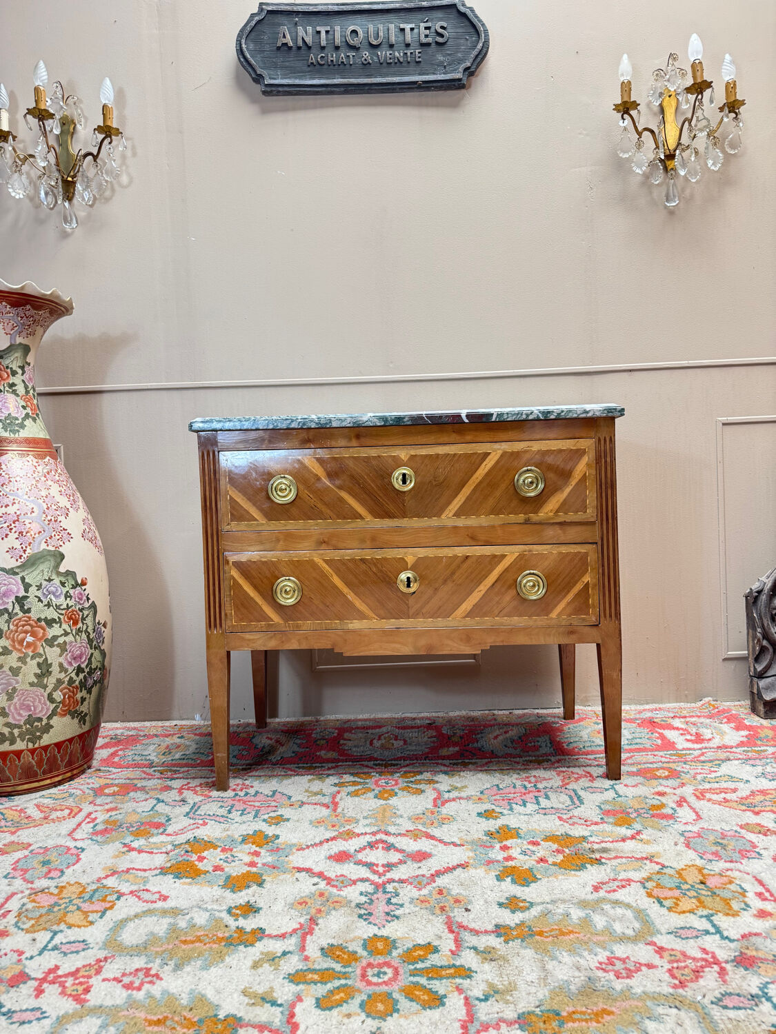 Louis XVI style commode in natural wood and marquetry, 19th century