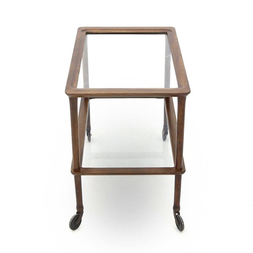 Wooden trolley with glass shelves, 1950s