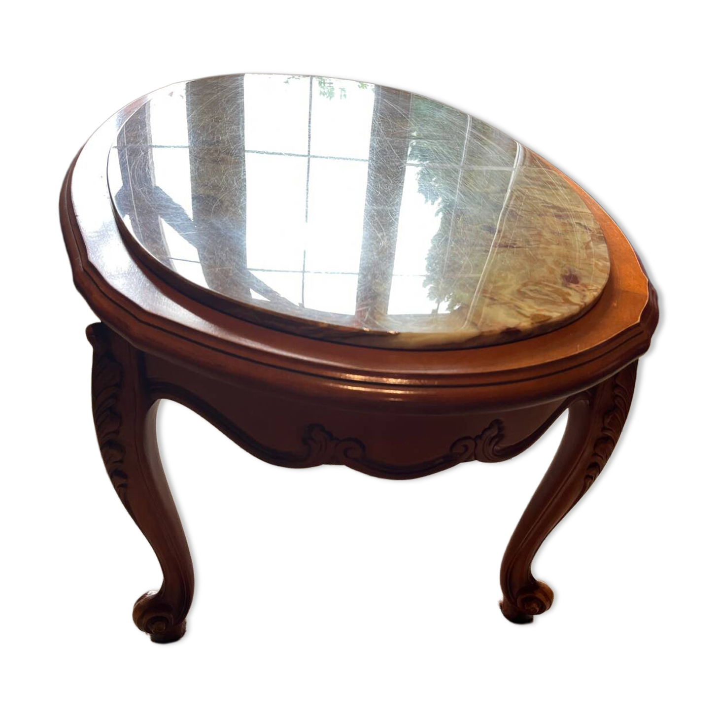 Oval marble and solid wood coffee table