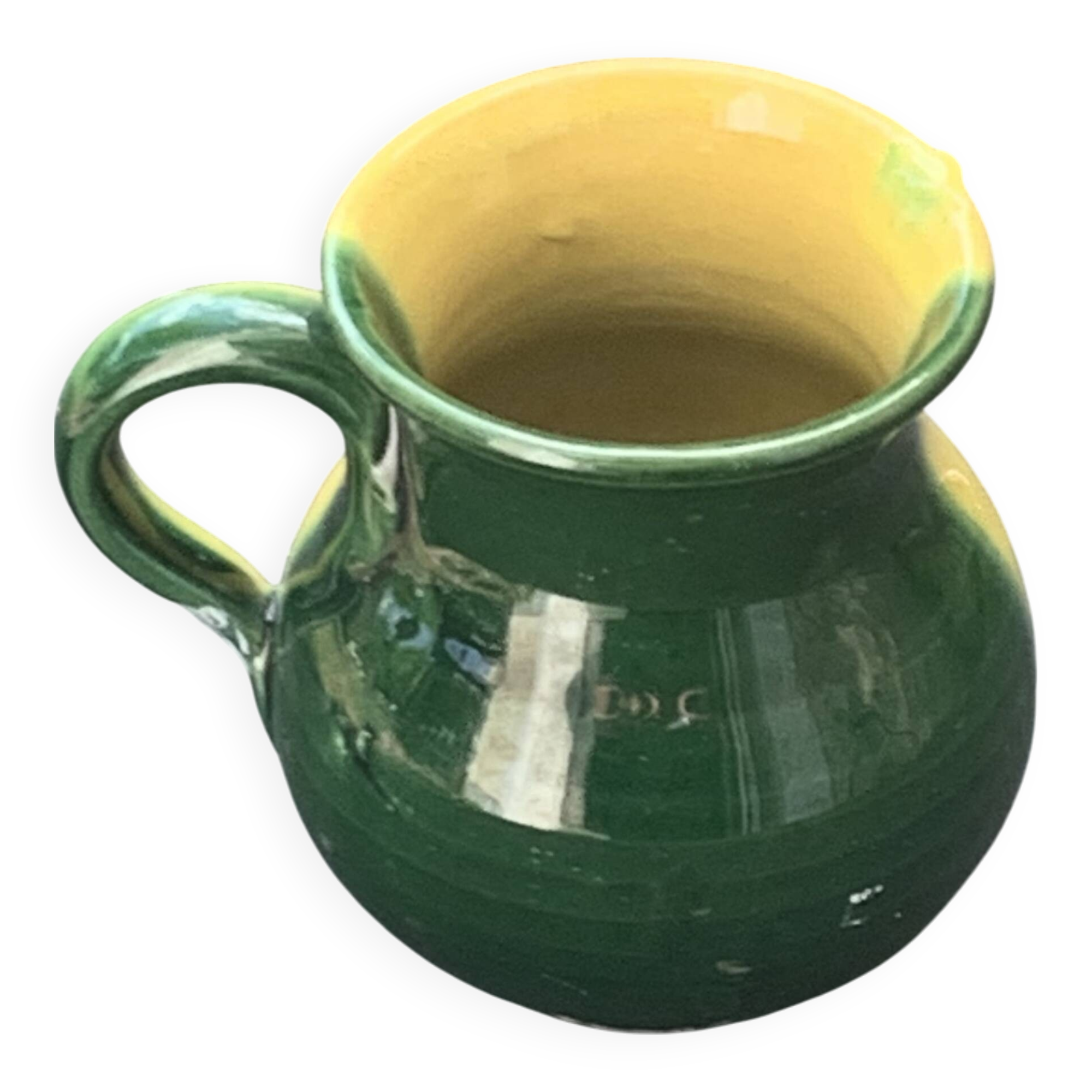 Vintage half-yellow and half-green glazed ceramic vase and pitcher