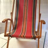 Vintage deck chair in wood and striped fabric - mid-20th century