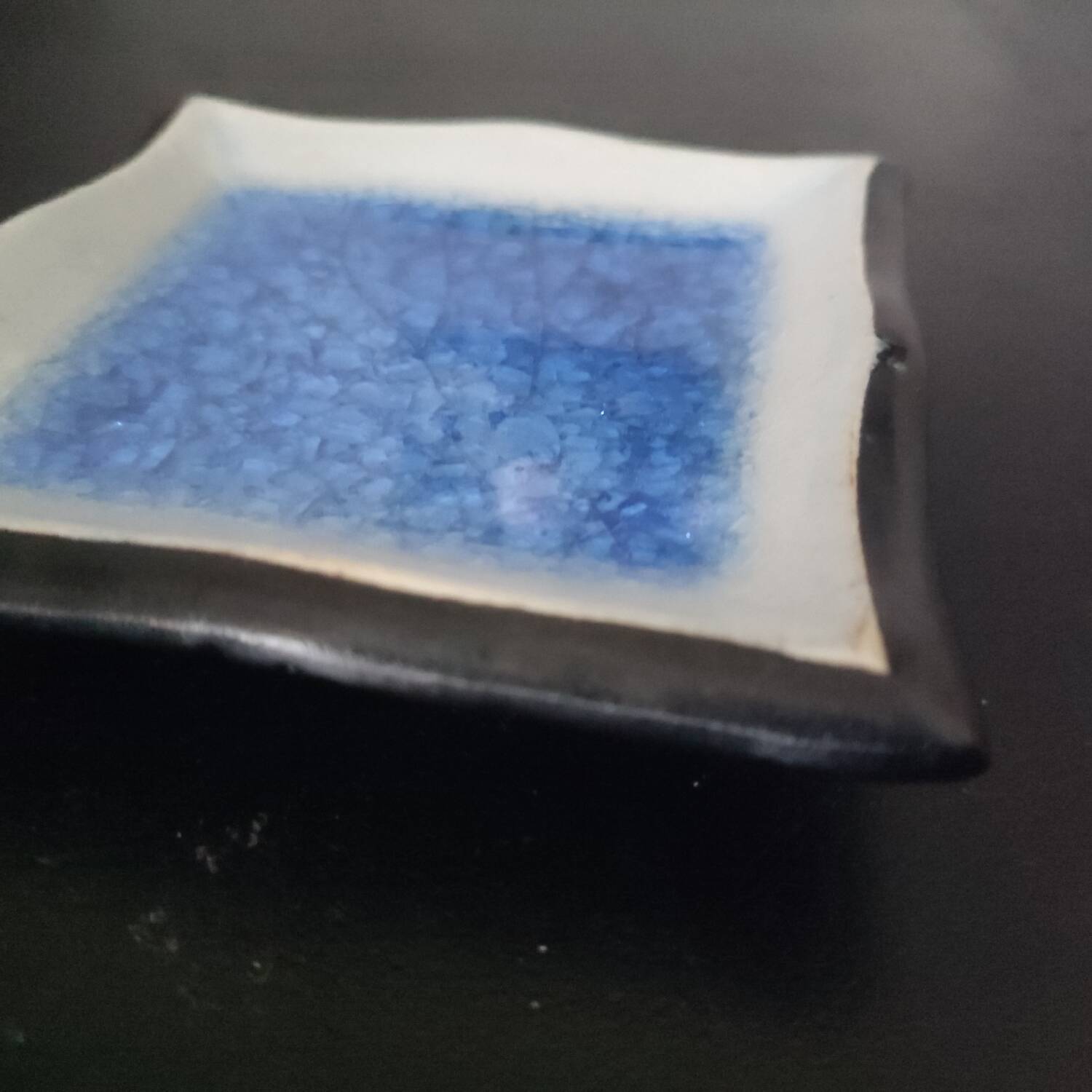 Handmade cracked blue ceramic ashtray