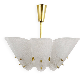 J. T. Kalmar Mid-Century Brass Suspension, Textured White Glass, 1950s