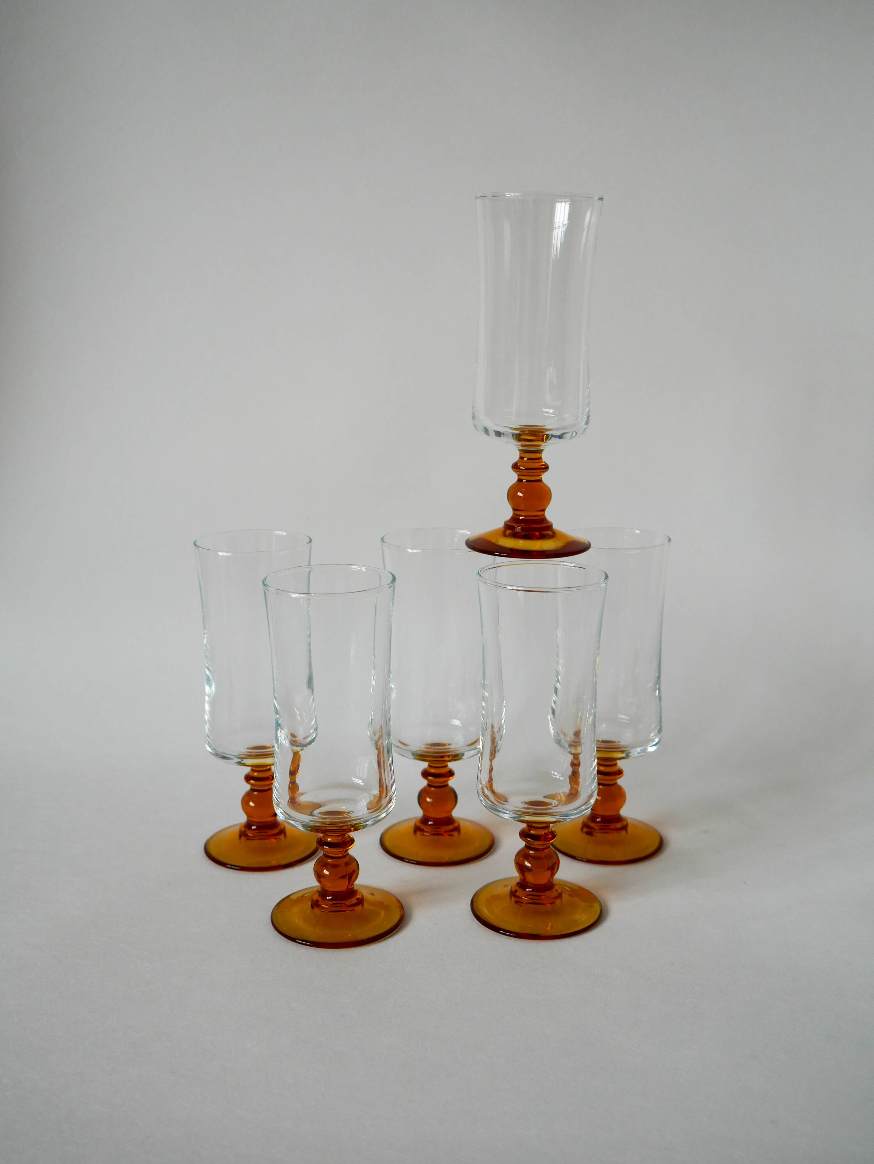 set of 6 vintage amber-footed champagne flutes 1970