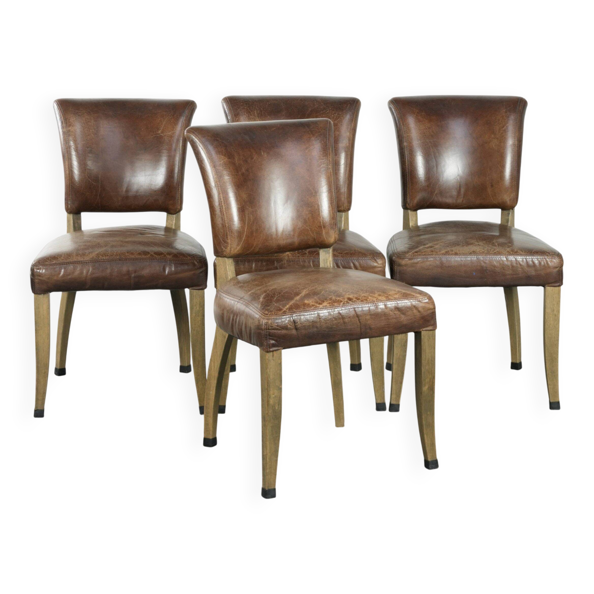 Set of 4 vintage cowhide and wooden dining chairs