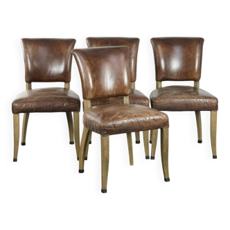 Set of 4 vintage cowhide and wooden dining chairs