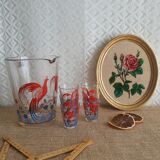 Pitcher and 6 vintage peacock liqueur glasses