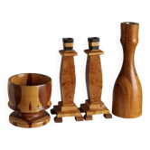 Carved wooden candle holders and bowl set | Sweden | 1970s