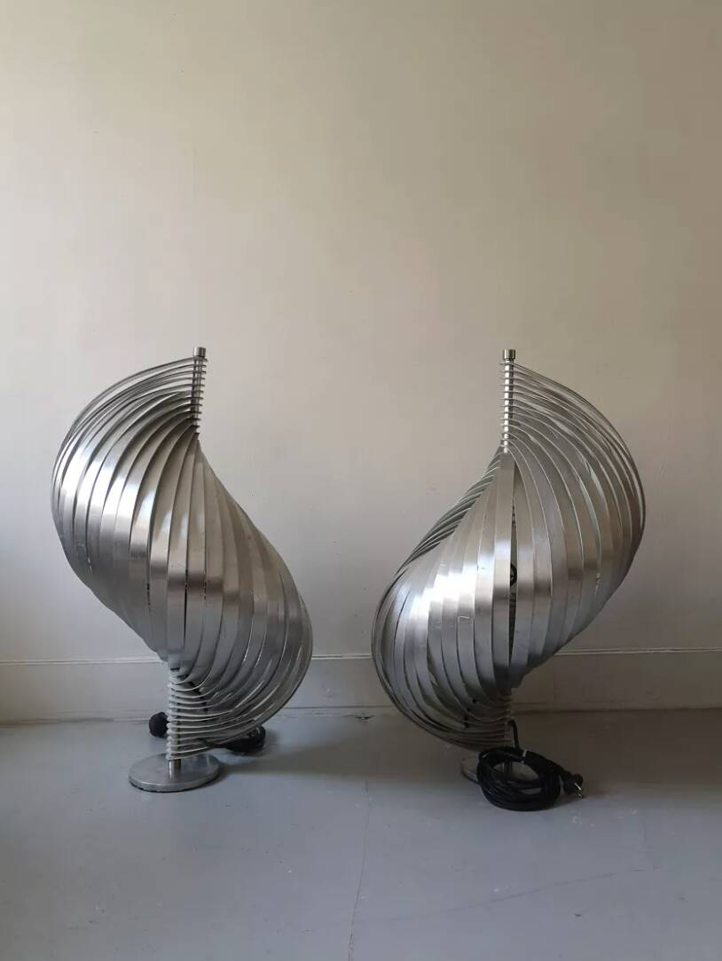 Sculptural table lamp in brushed metal by Henri Mathieu, design 1970.