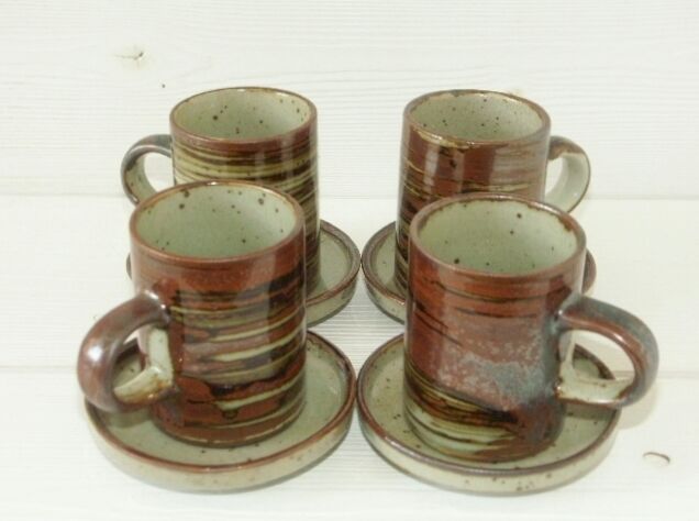 Lot 4 mugs & sous-tasses grès émaillé vintage années 70