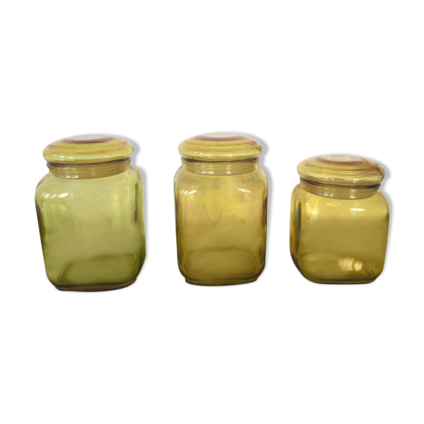 Ensemble de trois pots bocaux en verre jaune vintage