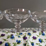 3 Art Deco Champagne Coupes in Engraved Crystal with Daisies