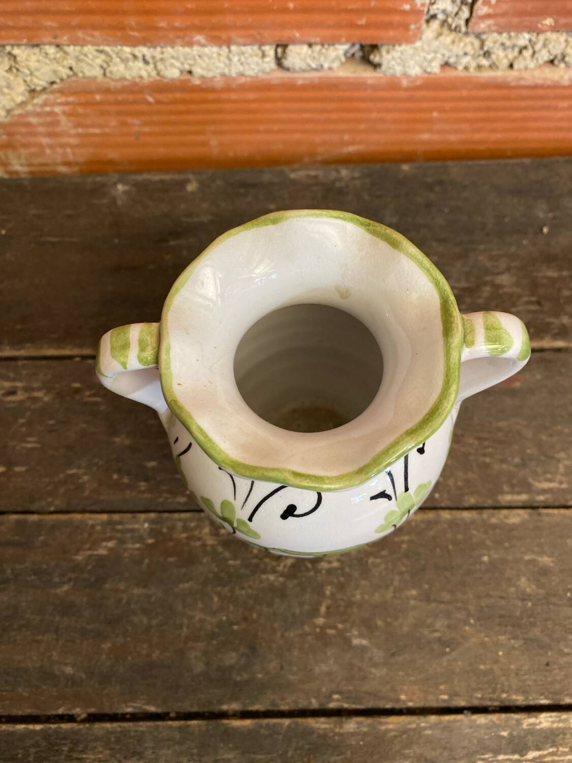 Vintage White Ceramic Vase with Green Landscape Decor from the 1970s