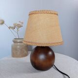 Dark ball wood table lamp, jute lampshade, 1970