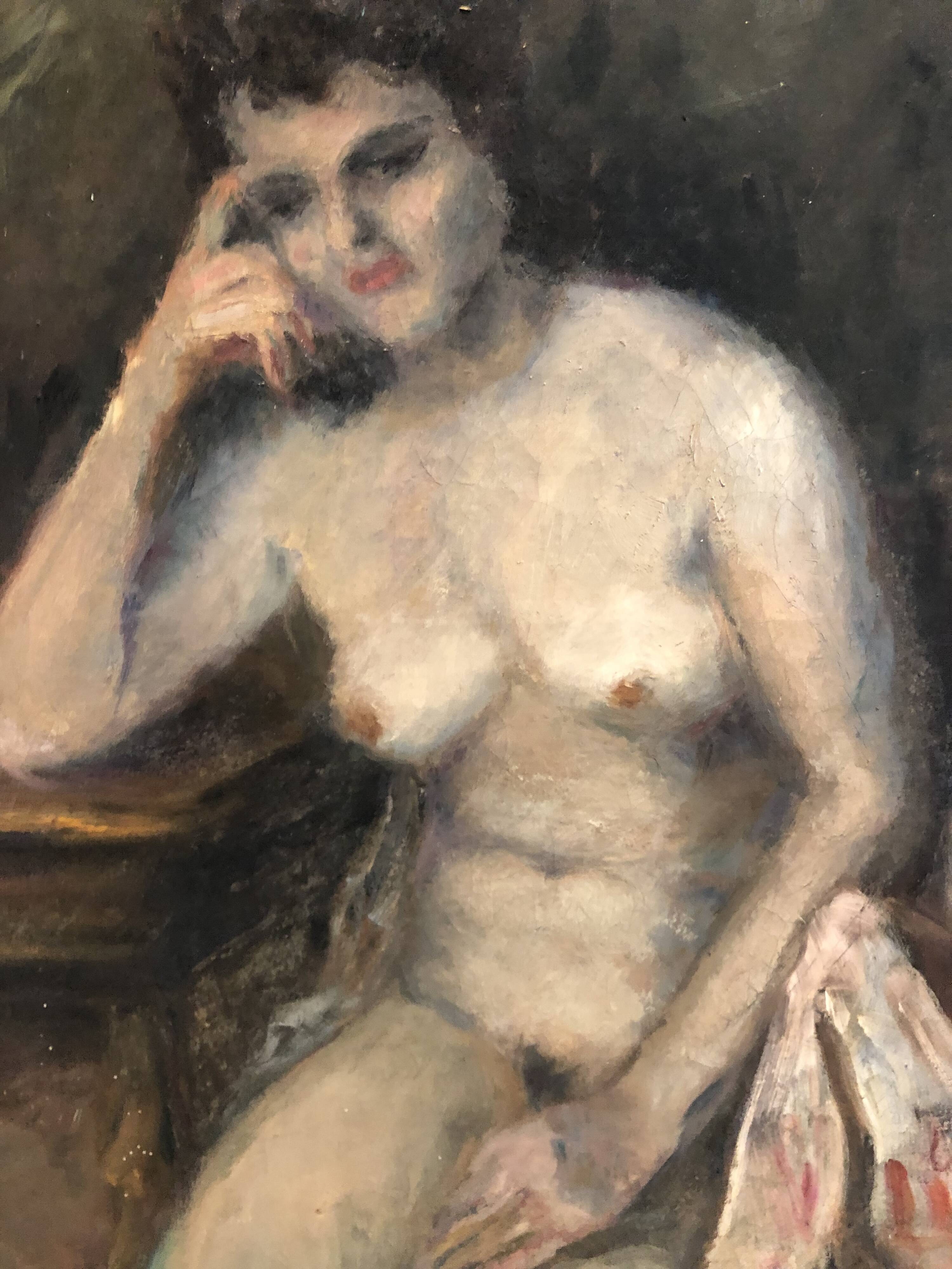 Melancholic female nude, in a sculpted baroque frame