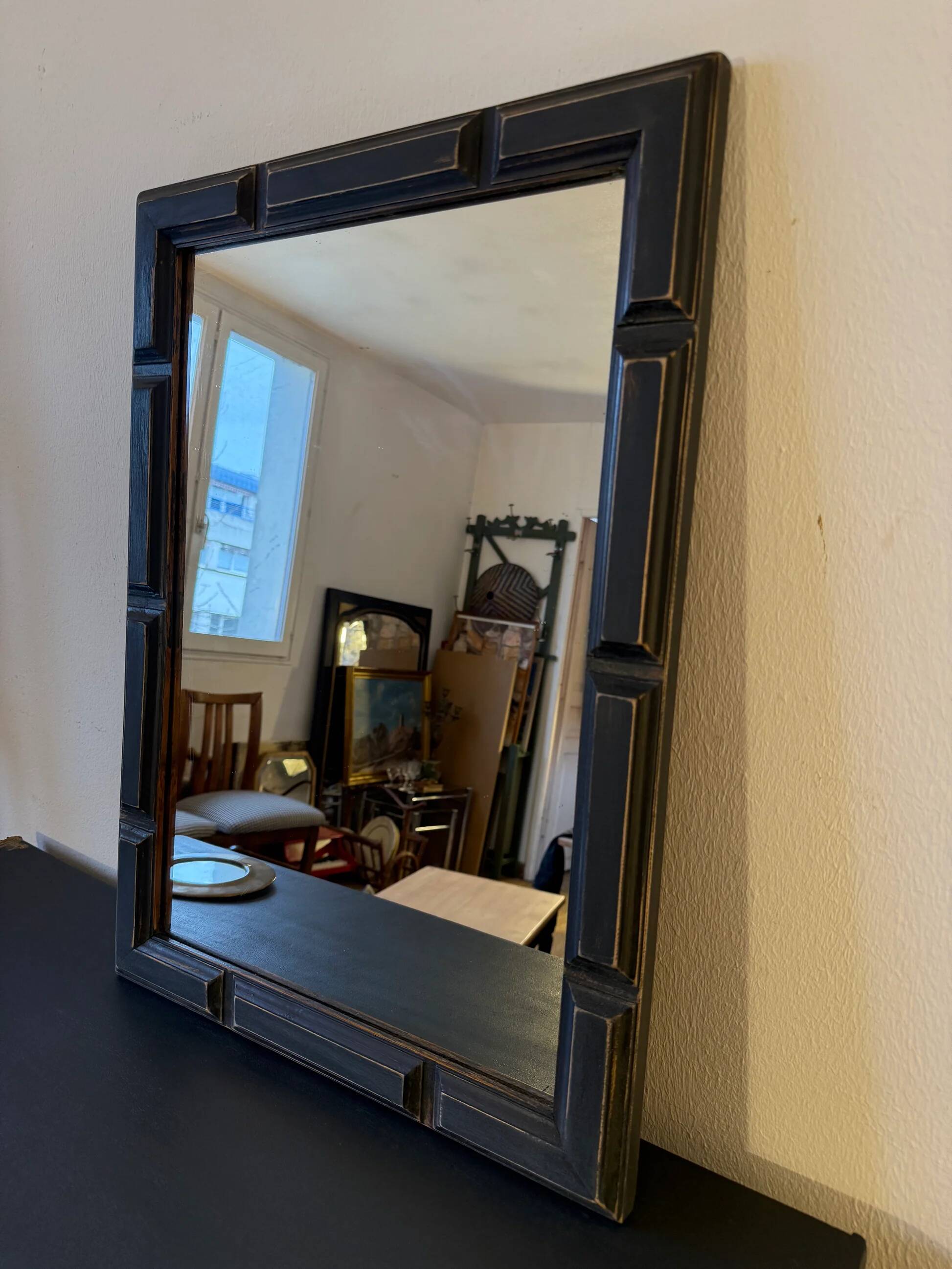 Patinated black rectangular wooden mirror