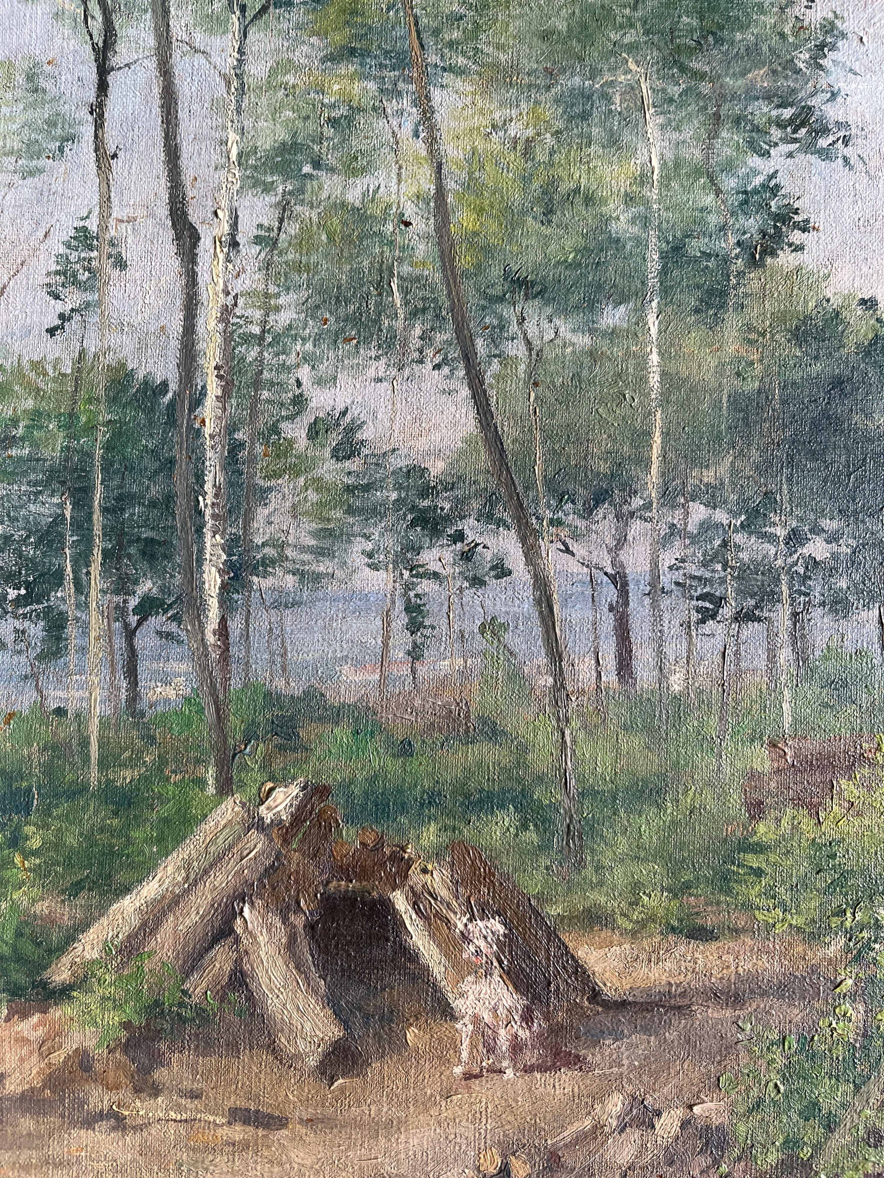 Hst painting "forest with cabin" lumberjack forestry early 20th century