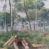 Tableau hst "forêt avec cabane" bucheron sylviculture début xx°