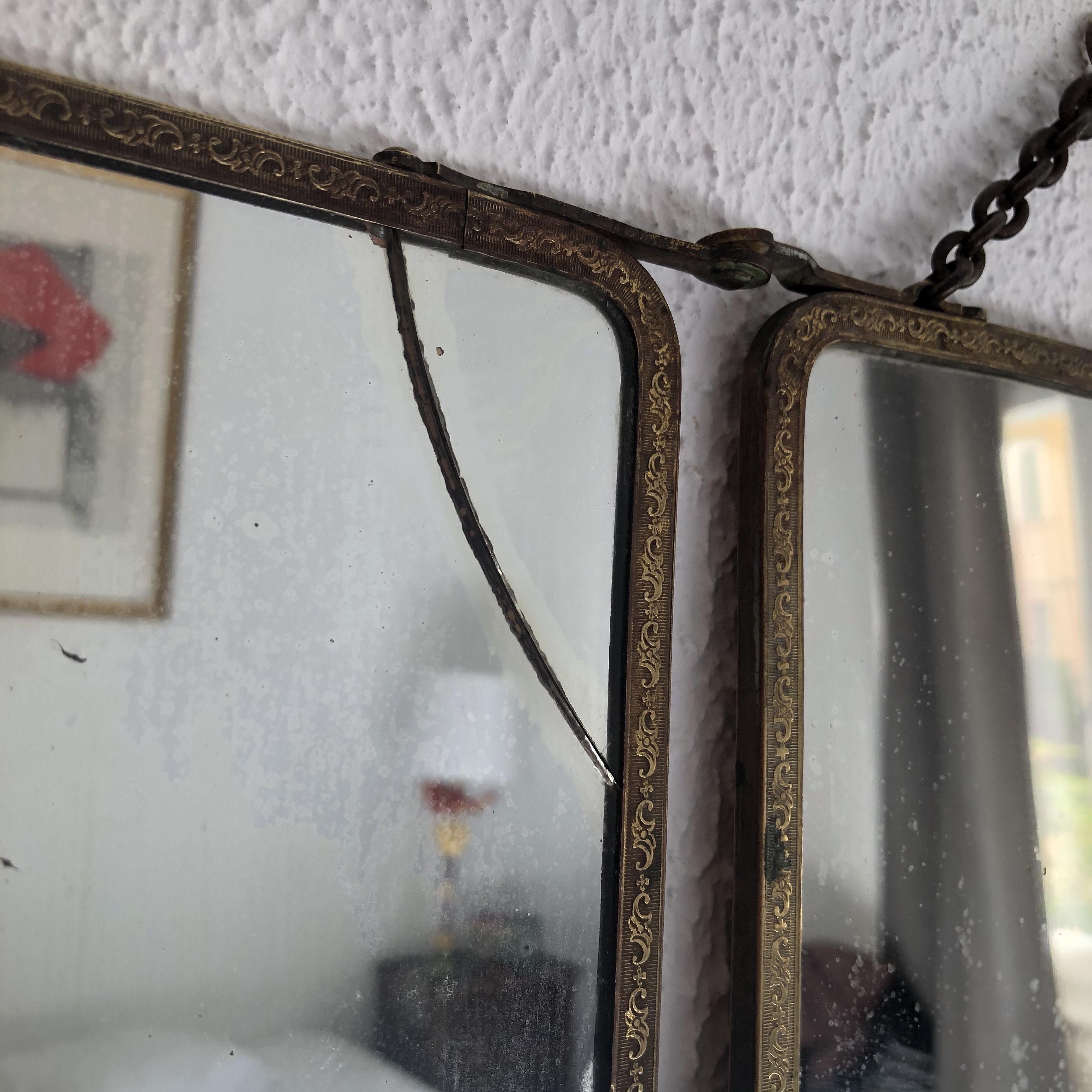 Miroir triptyque barbier doré vert anglais vintage 1930 - 24 x 57 cm