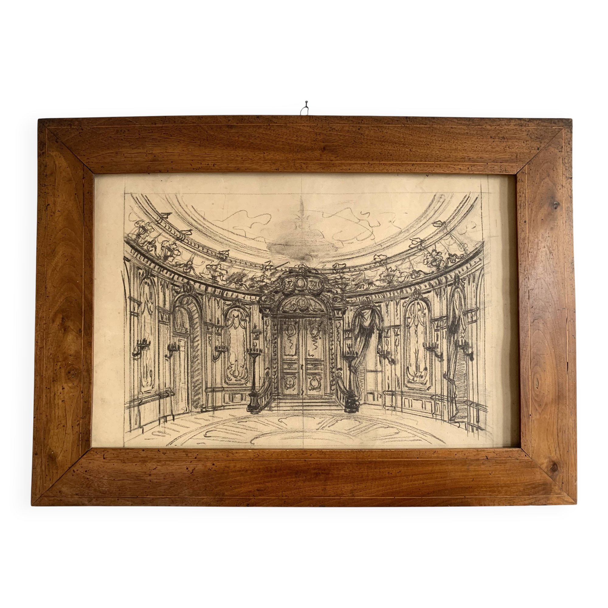 19th century Parisian salon, large original framed drawing