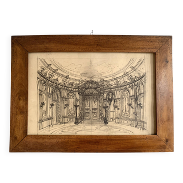 Salon parisien du 19e siècle, grand dessin original encadré