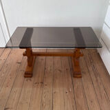 Pine coffee table with smoked glass top.